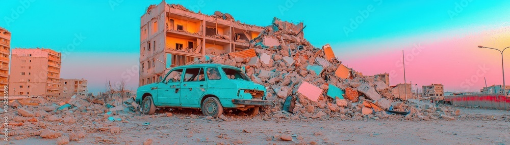 Abandoned Car Amidst Rubble and Destroyed Buildings Post Disaster Scene Abandoned Car Amidst Rubble and Destroyed Buildings Post Disaster Scene