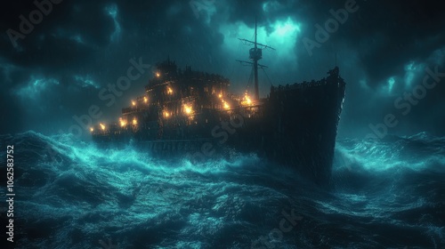 Noah's Ark navigating through a turbulent stormy sea at night