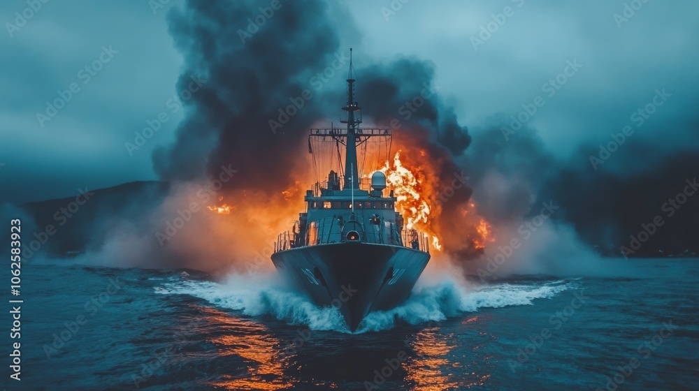 Fototapeta premium Navy Ship Fire Explosion Dramatic Smoke Ocean