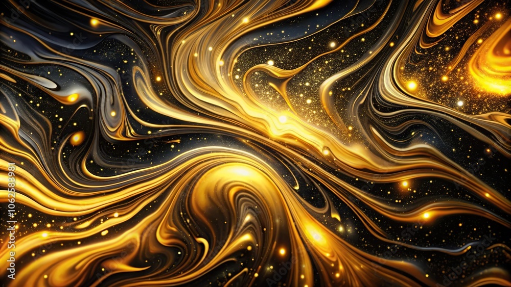 Wide-Angle dynamic interplay of fluid golden and black patterns evoking the sense of a starry night sky Wide-Angle dynamic interplay of fluid golden and black patterns evoking the sense of a starry night sky