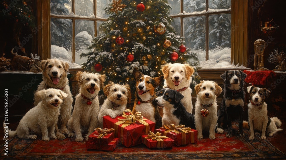 Obraz premium The Dogs Celebrate Christmas