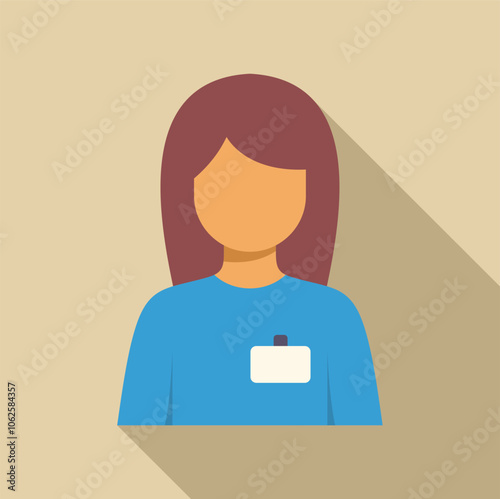 Portrait of a young woman with long brown hair wearing a light blue shirt with a blank white name tag, perfect for representing employees, staff members, or professionals