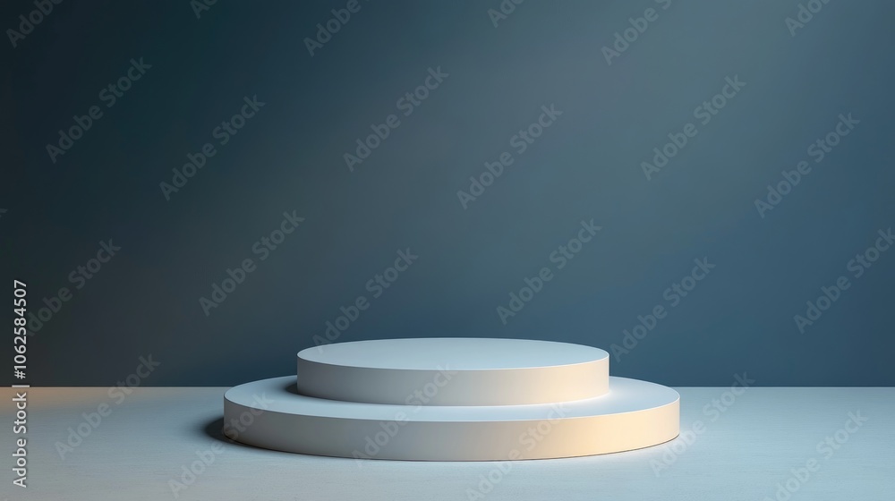 A White Two-Tiered Circular Pedestal Against a Blue Background A White Two-Tiered Circular Pedestal Against a Blue Background