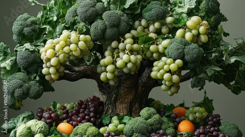 Green Leafy Vegetables and Grapes in Tree-like Arrangement