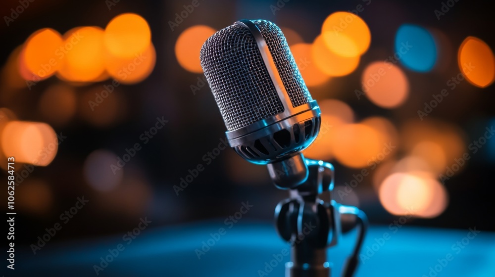 Illuminated Microphone on Stand in Studio Setting Illuminated Microphone on Stand in Studio Setting
