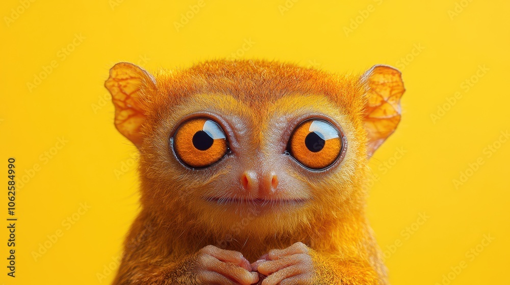 Surreal of Alert Tarsier Face on Plain Color Background Surreal of Alert Tarsier Face on Plain Color Background