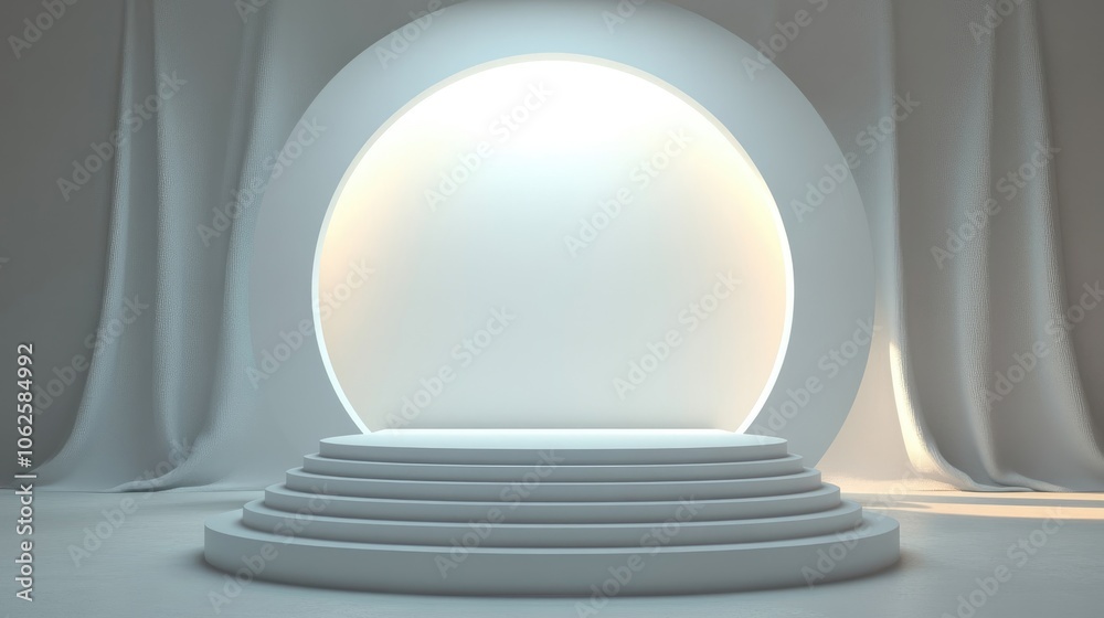 Obraz premium A White Circular Platform with an Oval Archway and White Curtains