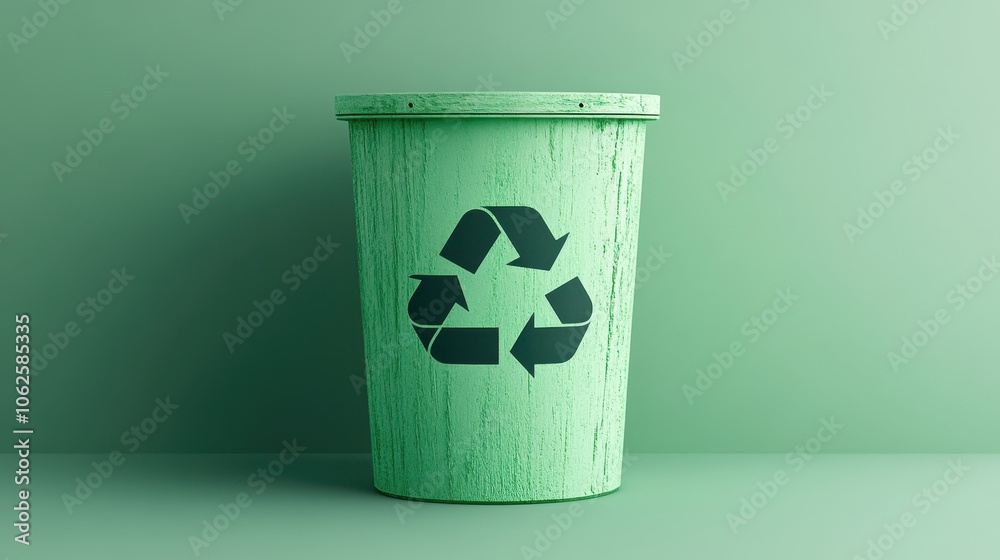 Green recycling bin symbolizes eco-friendly waste management with a recycle symbol on a light green background, emphasizing sustainability and minimalist design for urban living.