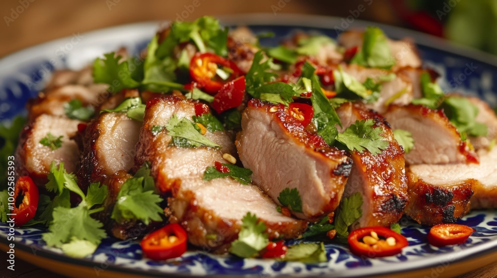 Crispy Pork Dish Garnished with Fresh Herbs and Chilies Crispy Pork Dish Garnished with Fresh Herbs and Chilies