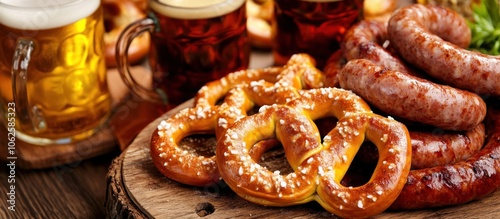 Close up of Bavarian pretzels, sausages, and beer on a rustic wooden table.