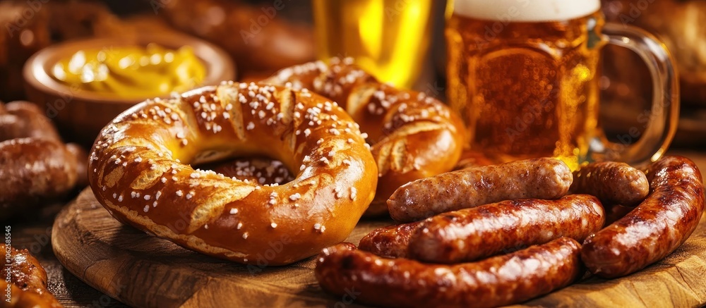 Closeup of a pretzel, sausages, and beer on a wooden board. Closeup of a pretzel, sausages, and beer on a wooden board.