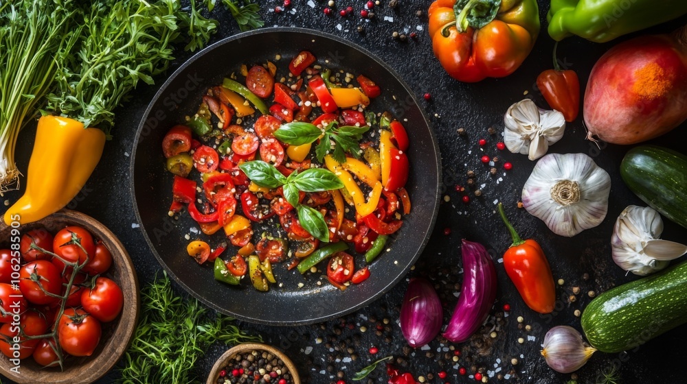 Colorful Vegetables in a Sizzling Frying Pan