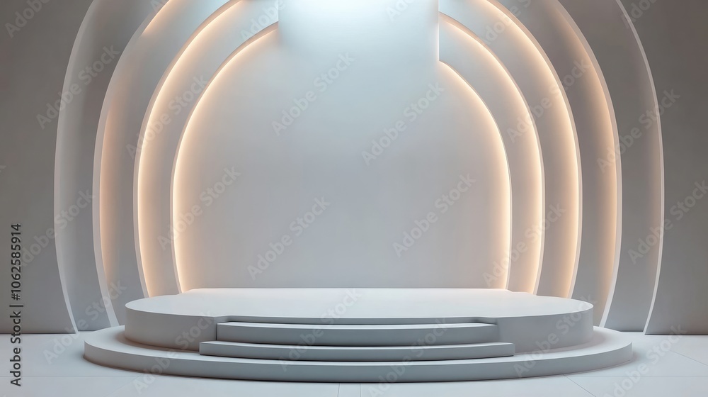 Fototapeta premium Abstract Minimalist White Stage with Curved Walls and Subtle Lighting