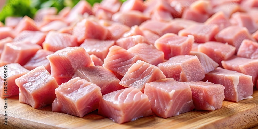 Drone Photography of Raw Turkey Fillet Cubes for Cooking Drone Photography of Raw Turkey Fillet Cubes for Cooking