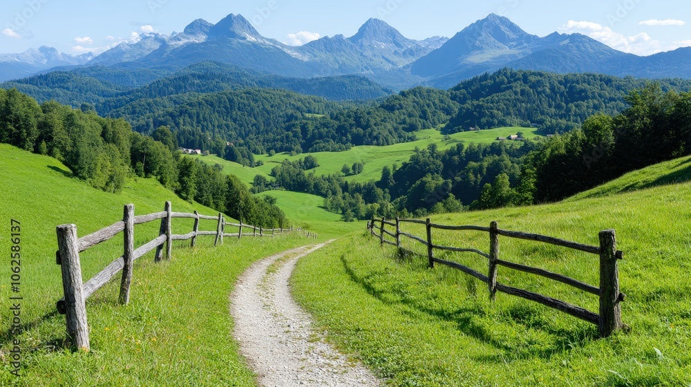 Mountain Landscape with Winding Path and Wooden Fence Mountain Landscape with Winding Path and Wooden Fence
