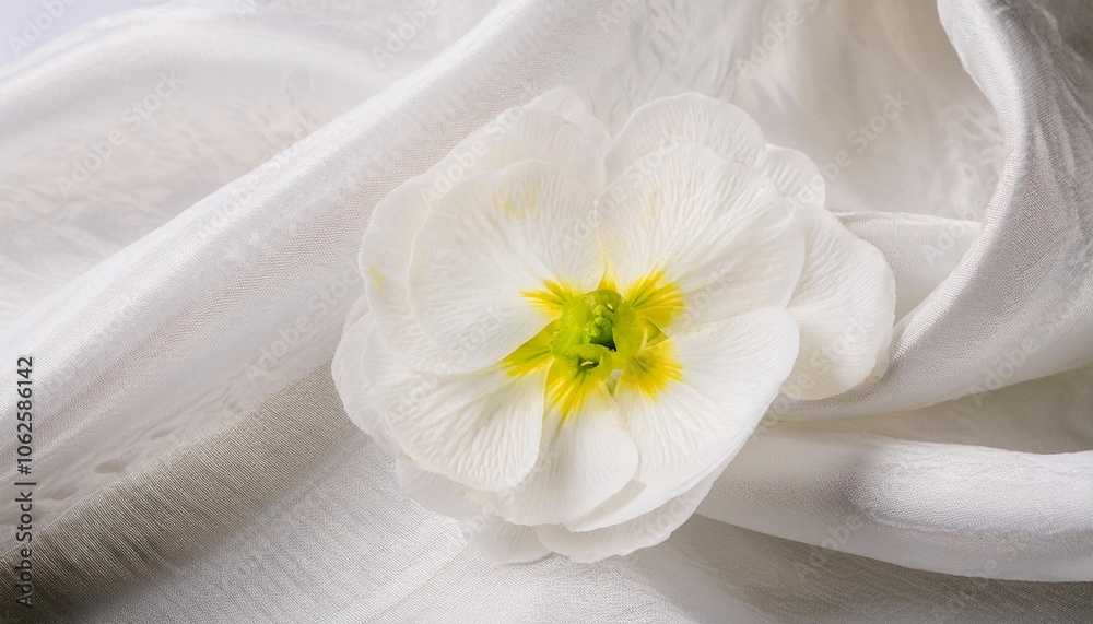 White Polyanthus Flower on a Draped Soft White Silk Fabric White Polyanthus Flower on a Draped Soft White Silk Fabric