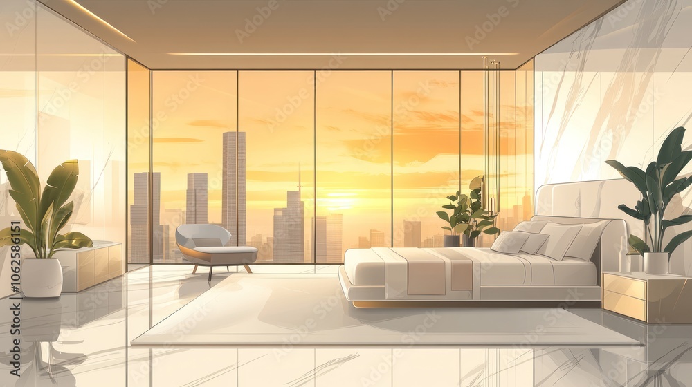 Luxury Bedroom with City Skyline View Luxury Bedroom with City Skyline View