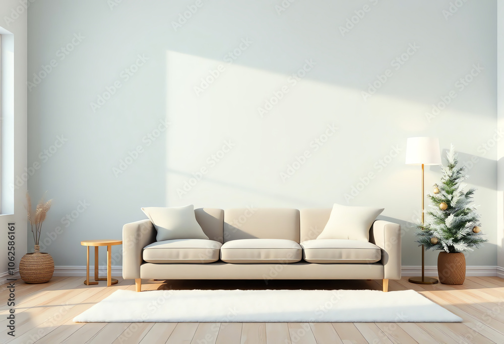 Fototapeta premium winter themed minimal room interior with sofa and blank wall copy space background