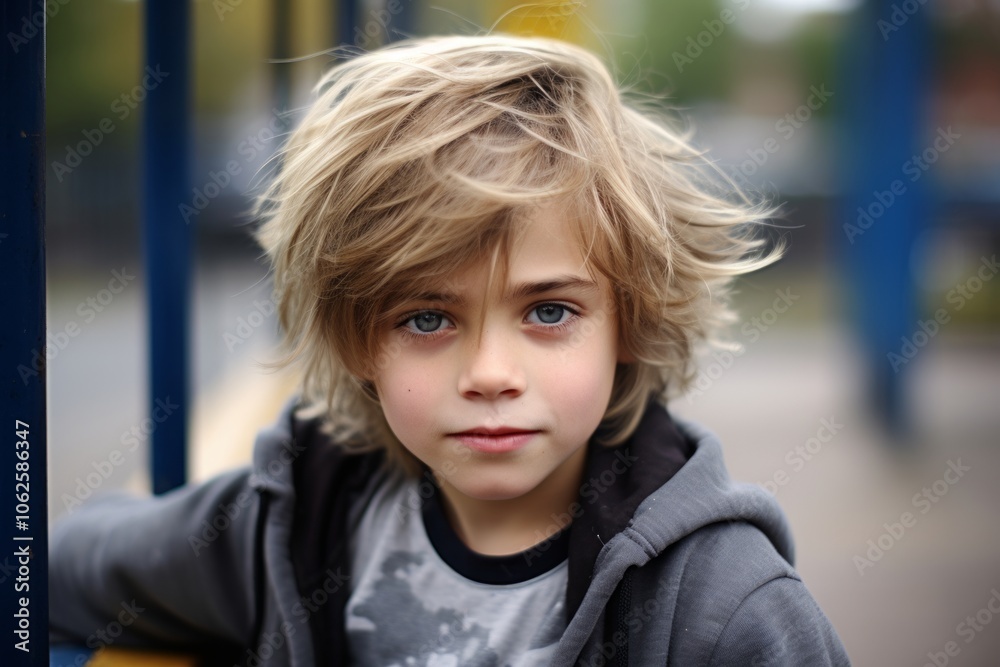 Portrait of a little boy with blond hair on the playground. Portrait of a little boy with blond hair on the playground.