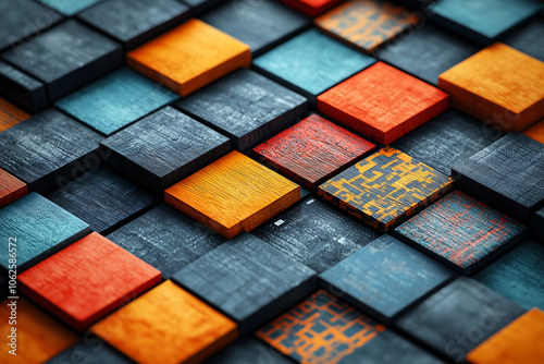 vibrant and textured arrangement of wooden tiles in various colors, including orange, blue, and black, creating visually engaging pattern