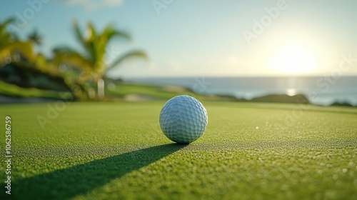 Closeup of golf ball on lush green with blurred background, ideal for golf, sports, and leisure websites