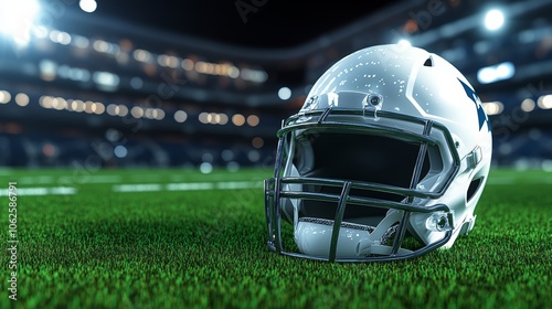 Closeup of a football helmet on the field, gridiron action and protective gear for intense sports competition photo
