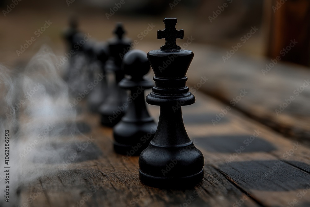 Dark strategic game with wooden chess pieces and smoky atmosphere - Chess Game - Gaming and Sports Industry Dark strategic game with wooden chess pieces and smoky atmosphere - Chess Game - Gaming and Sports Industry