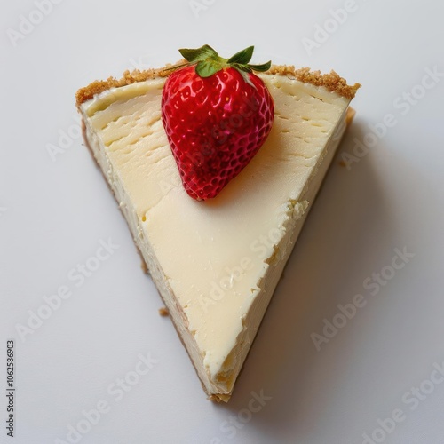 A slice of cheesecake topped with a strawberry and crushed graham cracker.