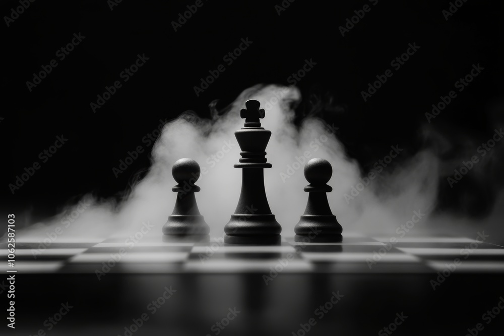 Dark Mysterious Chess Board Set in Foggy Atmosphere - Strategy Representation - Game Industry Dark Mysterious Chess Board Set in Foggy Atmosphere - Strategy Representation - Game Industry