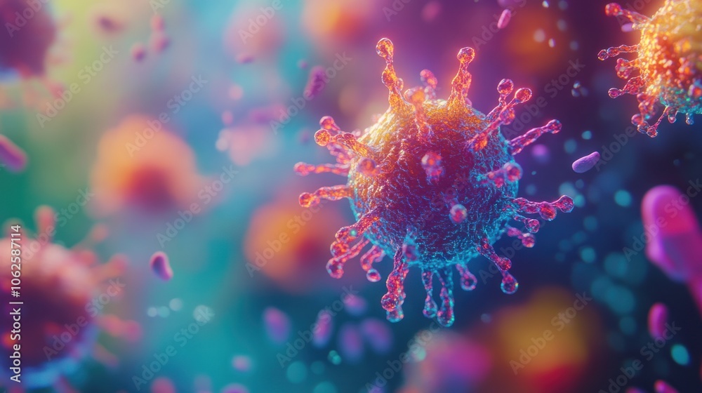 A microscopic view of a virus with a colorful background. A microscopic view of a virus with a colorful background.