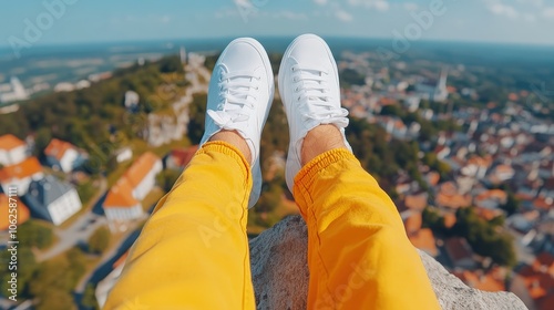 Man s Feet in White Sneakers and Yellow Pants on Hilltop Overlooking Cityscape photo