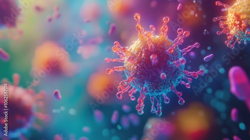 A microscopic view of a virus with a colorful background.