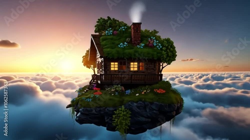 Wallpaper Mural an island floating above the clouds and a small house on it Torontodigital.ca