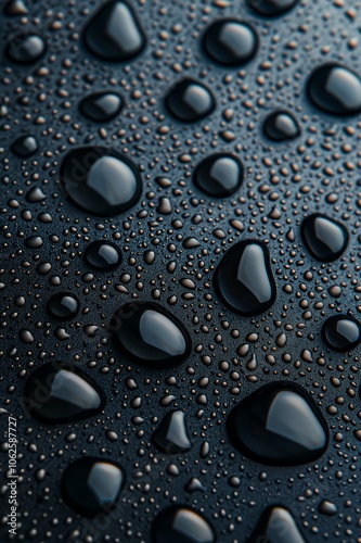 Close-up of water droplets on a dark surface.