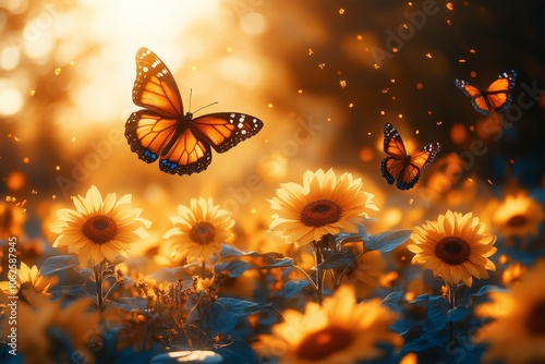 Sunflower Symphony: Bees and Butterflies in Flight photo