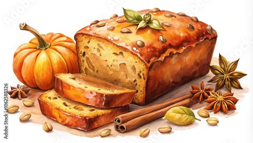 Wide-Angle Fall pumpkin bread freshly baked with spices homey treat watercolor style photo