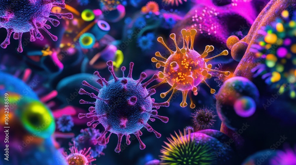 A 3D illustration of colorful viruses. A 3D illustration of colorful viruses.