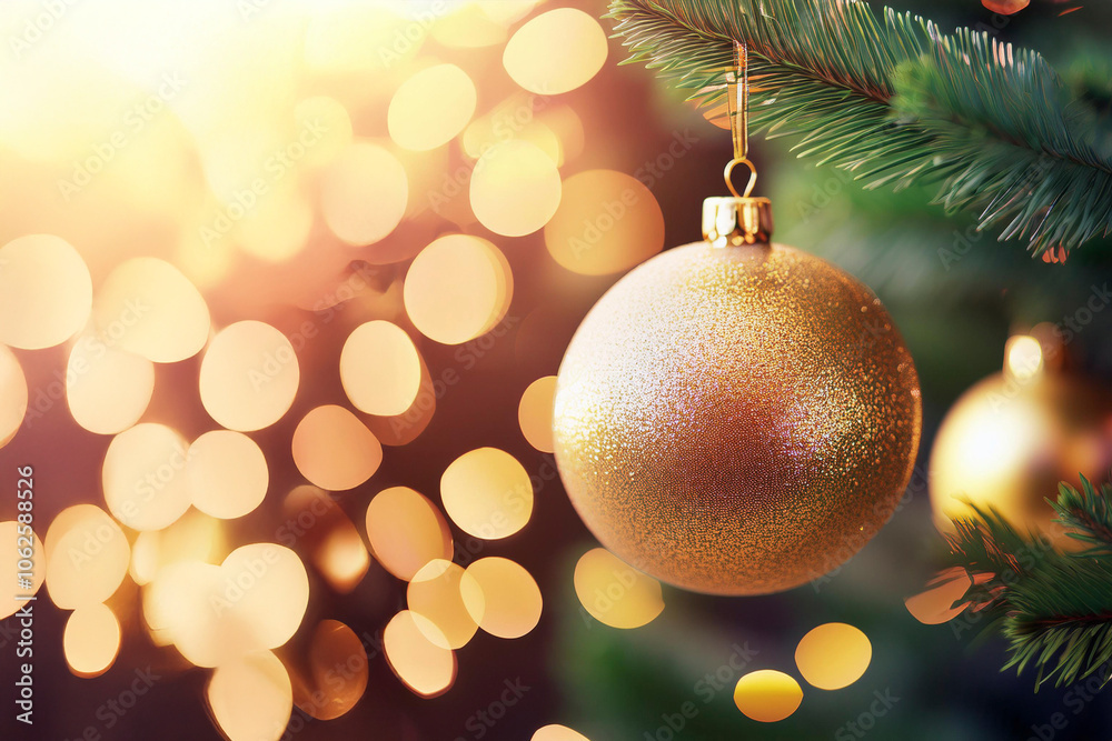 Christmas ball on tree. Closeup on Christmas tree decoration over festive background Christmas ball on tree. Closeup on Christmas tree decoration over festive background