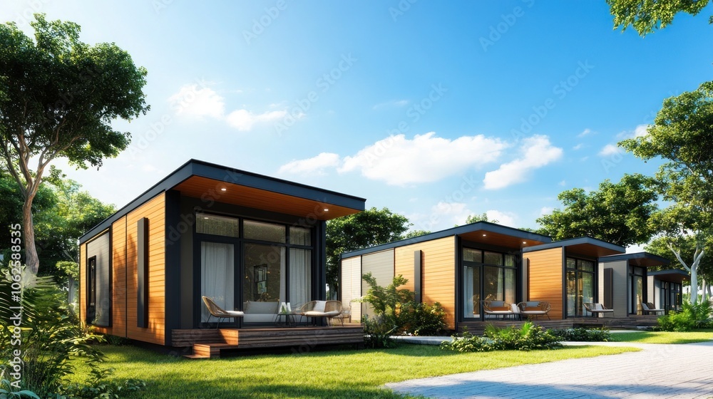 Modern Prefabricated Homes in a Lush Green Setting Modern Prefabricated Homes in a Lush Green Setting