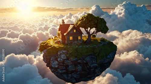 Wallpaper Mural an island floating above the clouds and a small house on it Torontodigital.ca