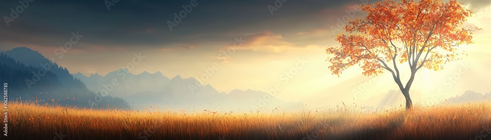 Autumn Landscape with Single Tree  Golden Grass  Misty Mountains  and Dramatic Sky