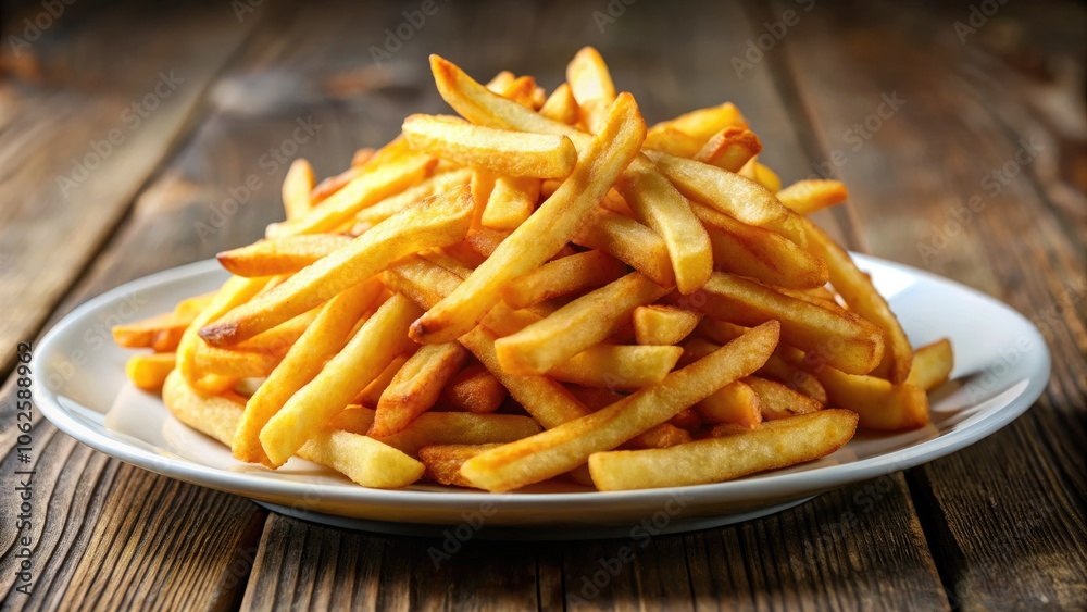 Indulgent, golden brown French fries beautifully displayed on a white plate, enticing food lovers with their crunch and flavor, a delightful treat for the senses. Indulgent, golden brown French fries beautifully displayed on a white plate, enticing food lovers with their crunch and flavor, a delightful treat for the senses.