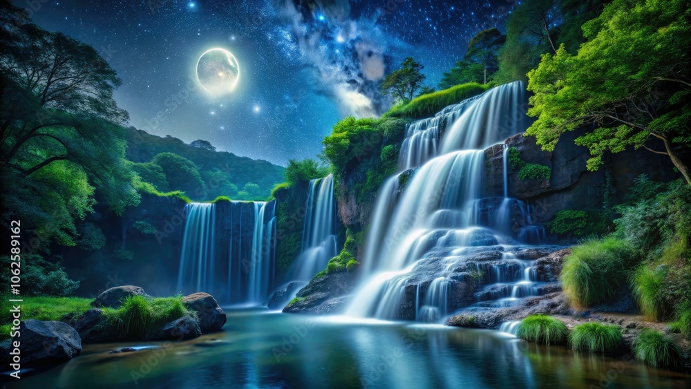 Moonlit waterfall and stream radiate magic in this stunning night photography, showcasing the beauty of nature with serene hues and mesmerizing reflections. Moonlit waterfall and stream radiate magic in this stunning night photography, showcasing the beauty of nature with serene hues and mesmerizing reflections.