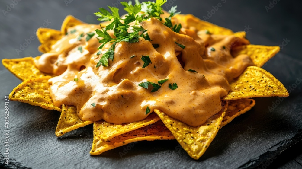 A delicious plate of nachos topped with creamy cheese sauce and garnished with fresh herbs, served on a black slate. A delicious plate of nachos topped with creamy cheese sauce and garnished with fresh herbs, served on a black slate.