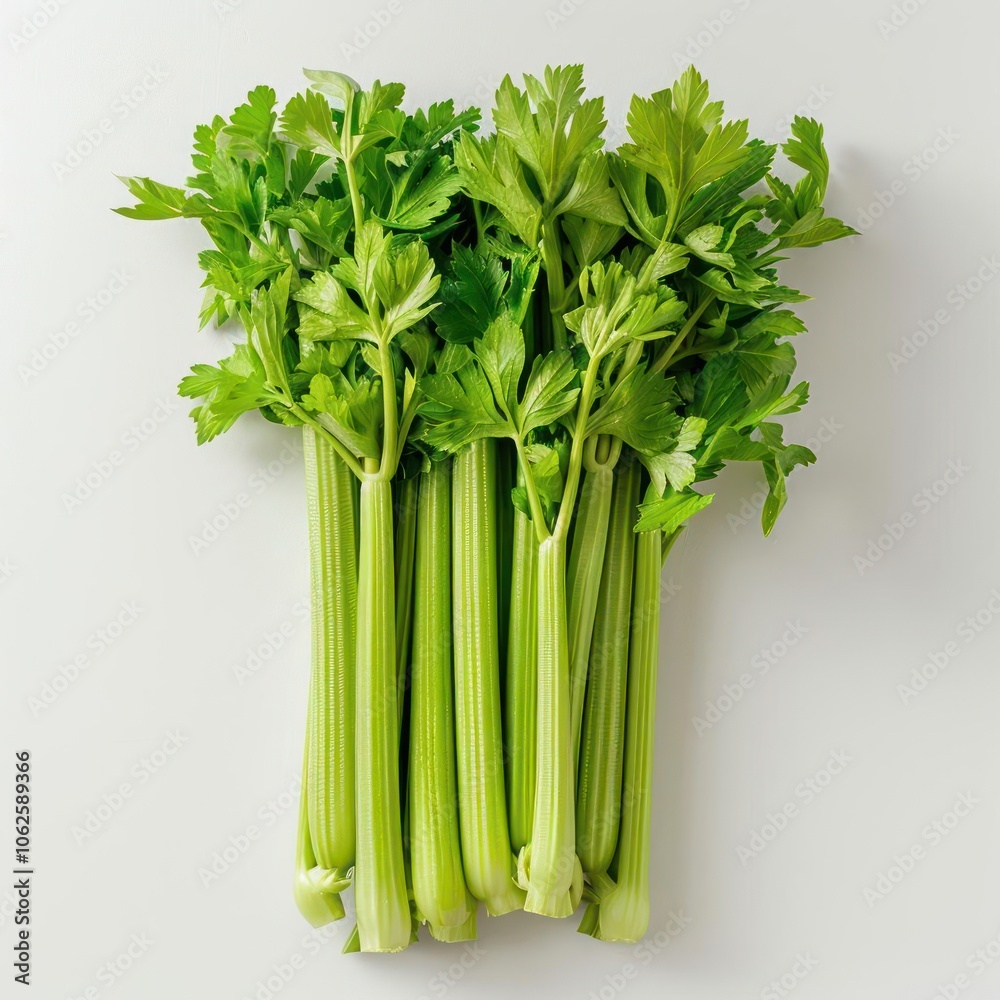 A bunch of fresh green celery stalks against a white background. A bunch of fresh green celery stalks against a white background.