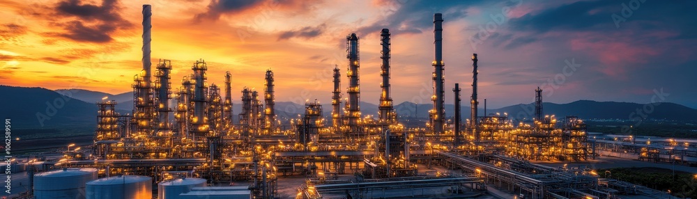 Industrial Oil Refinery at Sunset with Illuminated Towers and Dramatic Sky in the Background Industrial Oil Refinery at Sunset with Illuminated Towers and Dramatic Sky in the Background