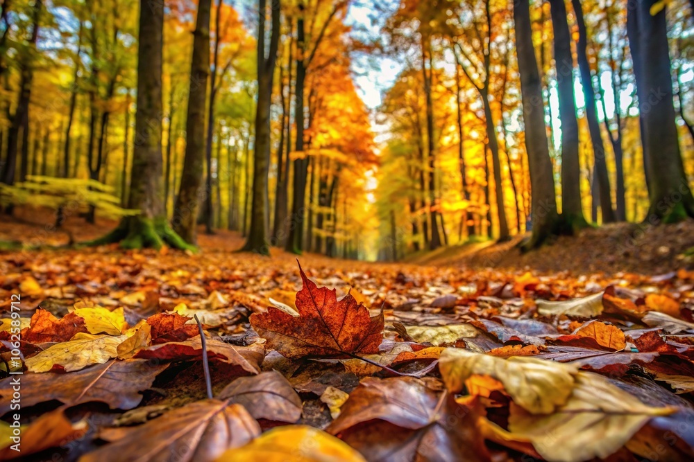 Wide-angle forest floor covered in autumn leaves, selective focus Wide-angle forest floor covered in autumn leaves, selective focus