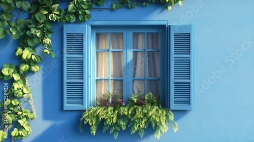 Blue window with open shutters and window vine