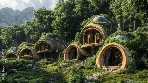 A futuristic eco-village with sustainable architecture, 