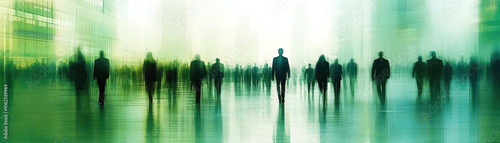Abstract Silhouettes of Business People Walking in Modern Cityscape with Green Tones and Motion Blur Abstract Silhouettes of Business People Walking in Modern Cityscape with Green Tones and Motion Blur